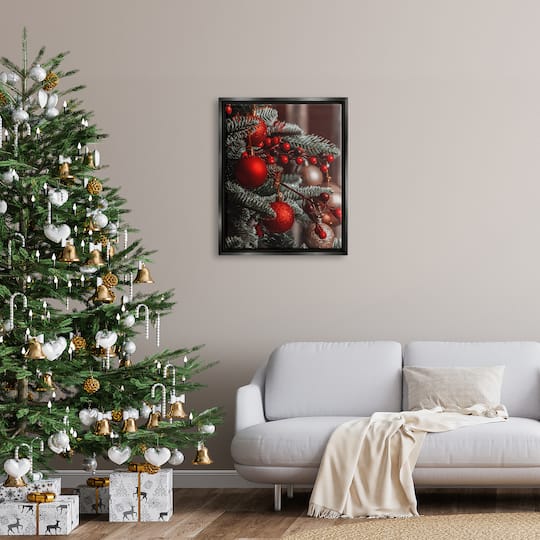 Stupell Industries Hanging Red Ornaments Christmas Tree Framed Floater Canvas Wall Art